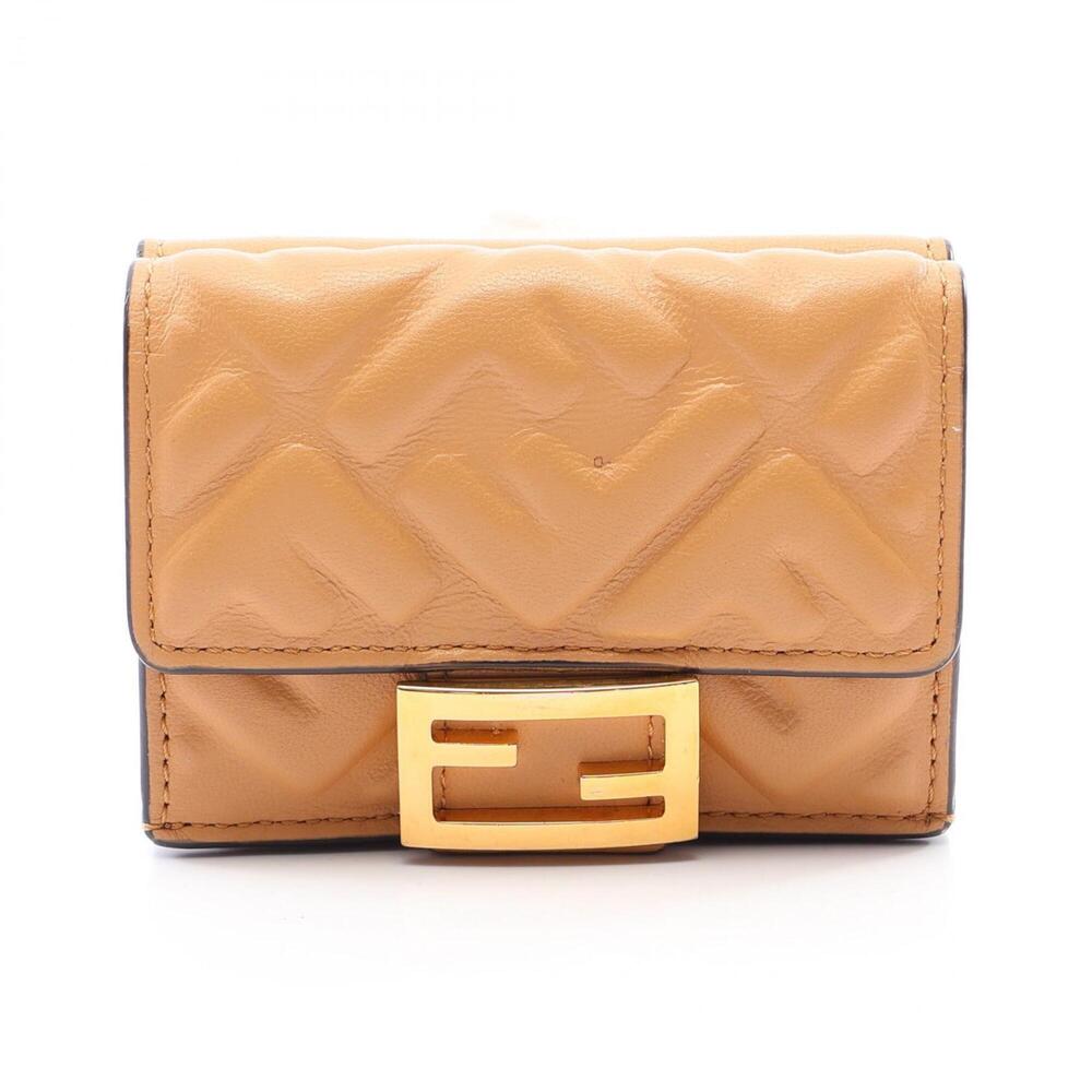 Fendi Baguette FF Logo Tri-fold Wallet, Leather, Women's, Beige, 8M0395